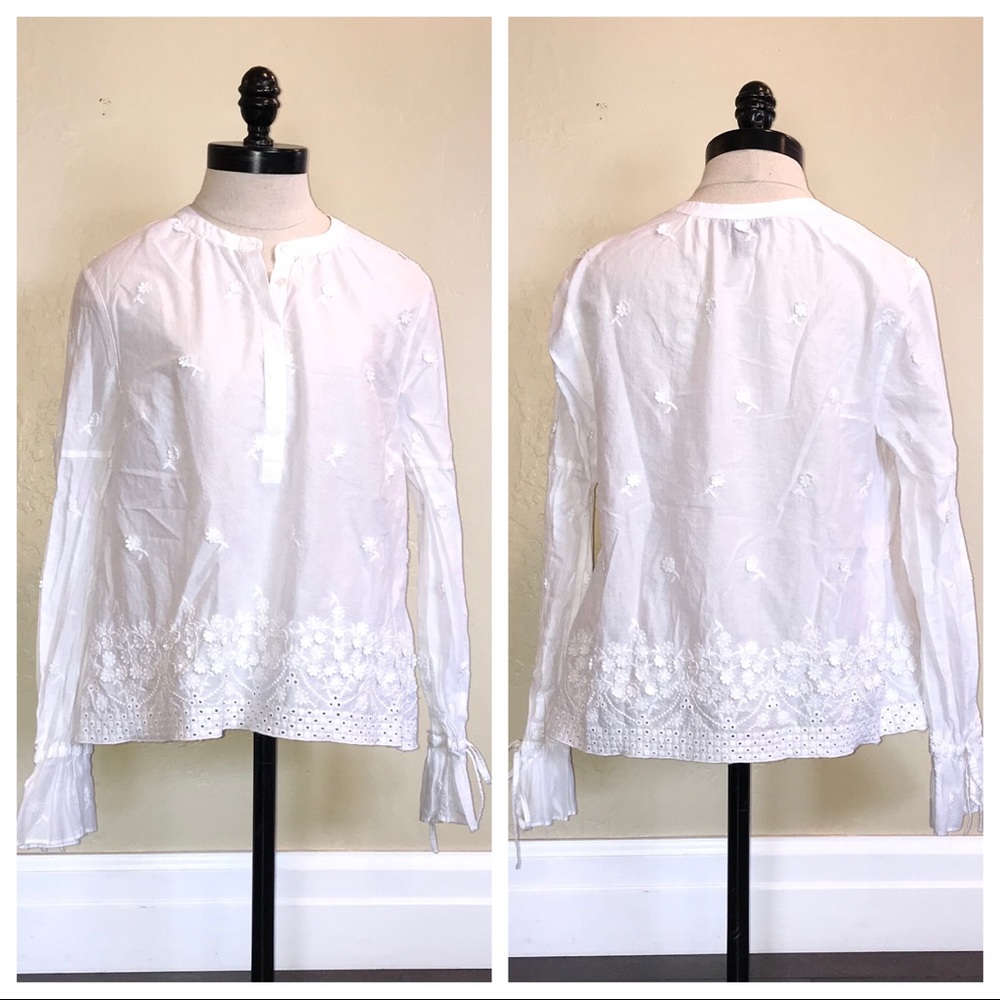 J Crew Embroidered Floral Popover White Shirt Size Medium